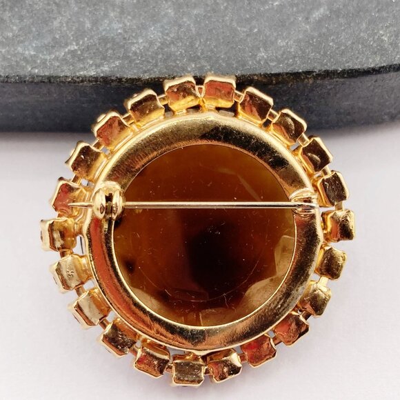 VINTAGE Big rhinestone and brown glass stone brooch ~ 1950s 1960s statement pin - Picture 8 of 9